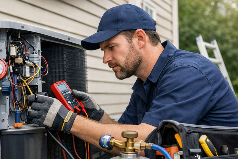 Professional AC repair technician fixing outdoor air conditioning unit with tools