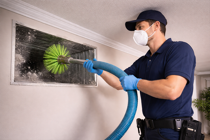 Air duct cleaning with rotary brush and vacuum hose