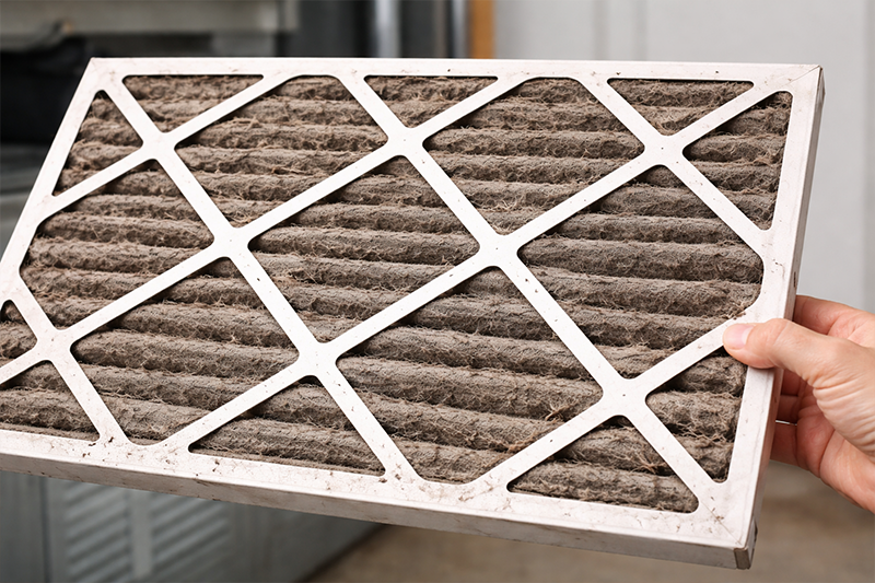 Dirty HVAC air filter clogged with dust and debris close-up