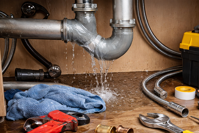 Leaking pipe under sink with water damage and repair tools