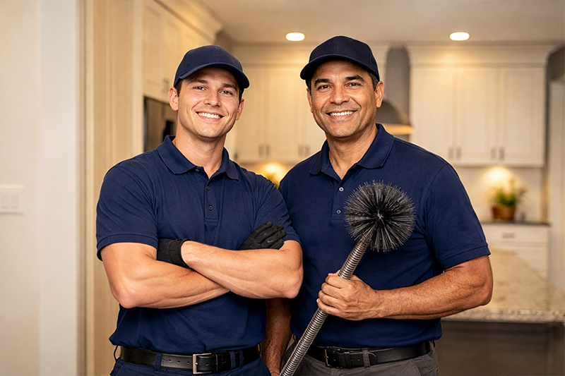 Professional air duct cleaning technicians in blue uniform inside modern home