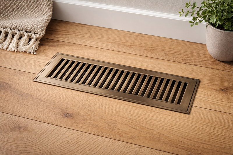 Floor air vent grille installed on hardwood floor in modern home