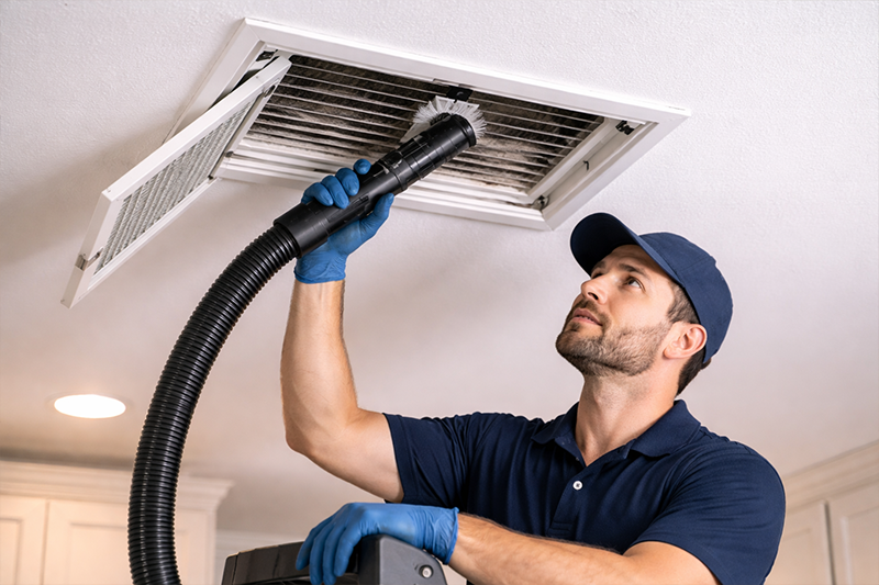 Ceiling vent cleaning with technician using vacuum hose on residential HVAC vent